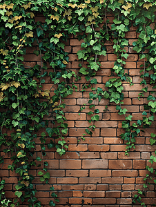 常春藤和墙壁与棕色砖摘要背景