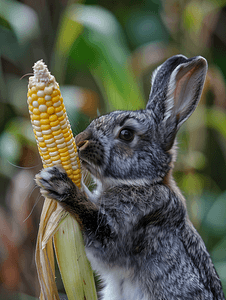 小兔子耳朵摄影照片_吃玉米穗特写的灰色和黑色小兔子