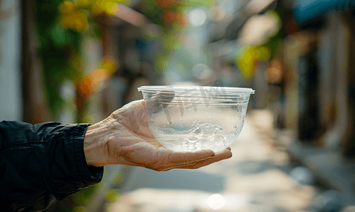 无家可归者在街上用塑料碗吃饭