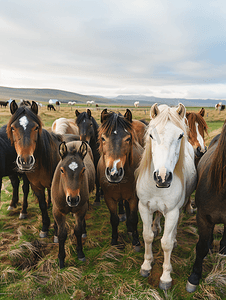 一袋板栗摄影照片_冰岛马群站在冰岛风景秀丽的农场田野上