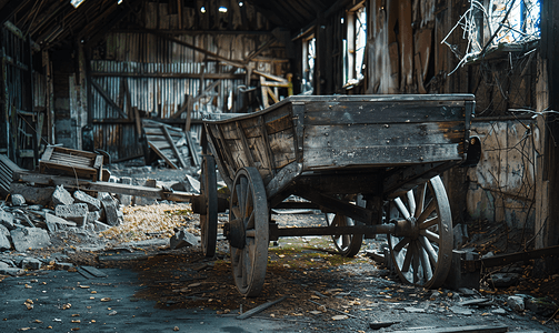 废弃谷仓里的旧木车