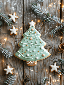 圣诞节背景绿色摄影照片_在木桌背景上用糖霜画圣诞树糖饼干的特写