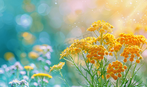 春天字体海报摄影照片_野生开花的黄色西洋蓍草植物