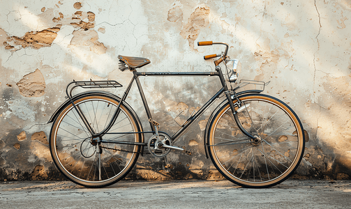 自行车复古摄影照片_靠在墙上的老式自行车