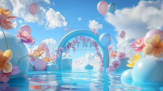儿童素材气球背景图片_六一水面上蓝粉色卡通3D花朵气球拱门素材