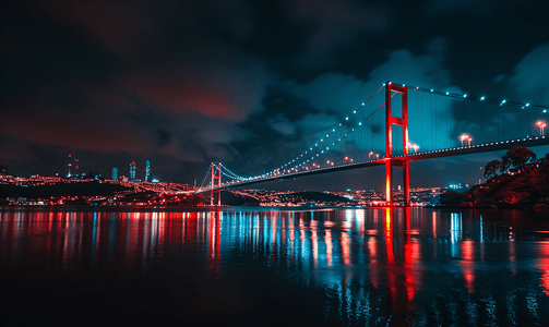 红色小五角星摄影照片_土耳其伊斯坦布尔金角湾地铁桥