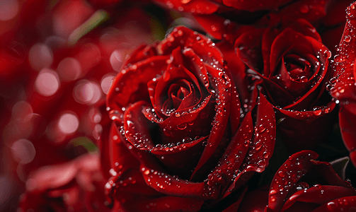 红色花束摄影照片_带露珠的新鲜红玫瑰的特写
