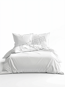 白模枕头摄影照片_白色背景下的白色床上用品和枕头