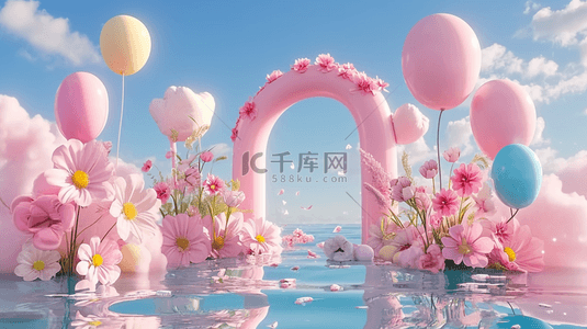六一儿童节晚会背景图背景图片_六一水面上粉色卡通3D花朵气球拱门图片