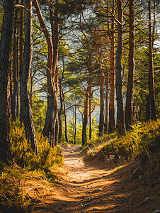 树林树叶摄影照片_松树林中的旅游山道