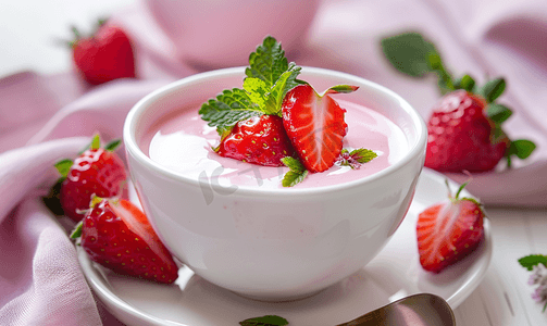 自制美食摄影照片_白盘草莓酸奶布丁