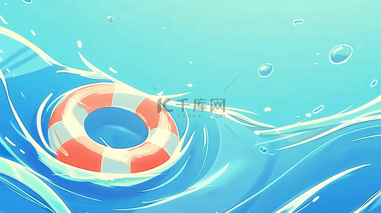 卡通蓝色海水背景图片_夏日清新可爱海水里的游泳圈背景图片
