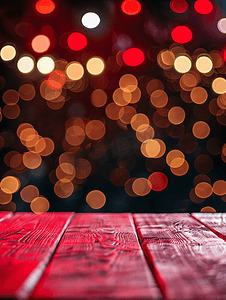 顶部的桌子与音乐会模糊背景红色木桌上的光线散景