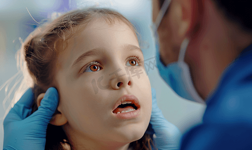 新冠病毒图片摄影照片_儿童耳鼻喉科医生检查女孩的喉咙