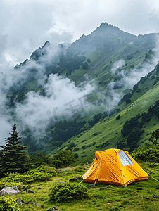 登山徒步的人摄影照片_登山帐篷与青山背景覆盖着云彩
