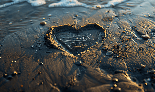 波罗的海海滩的沙滩上画着美丽的心形还有水波