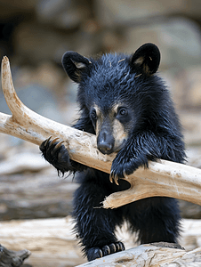 黑熊幼崽玩着大鹿角