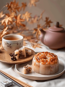 韩国中秋节摄影照片_松饼韩国中秋感恩节年糕配茶