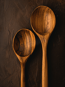 木制菜单摄影照片_深棕色背景中的木勺侧视图