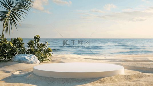 蓝色夏日白色沙滩上的电商圆展台3背景图片