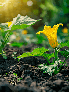 植物藤蔓摄影照片_菜园里漂亮的黄色南瓜苗