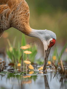 沙丘鹤在湿地沼泽中觅食