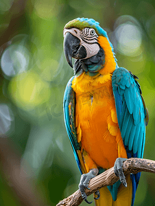 多彩绿色摄影照片_令人惊叹的蓝色和金色金刚鹦鹉栖息在热带地区