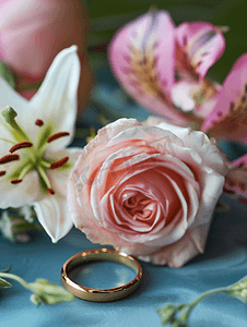 有桃红色玫瑰和白百合的金婚戒指关闭