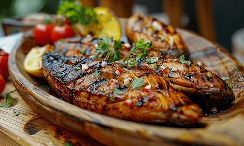 美味的新鲜烤鸡肉和鱼放在木盘上味道鲜美可口