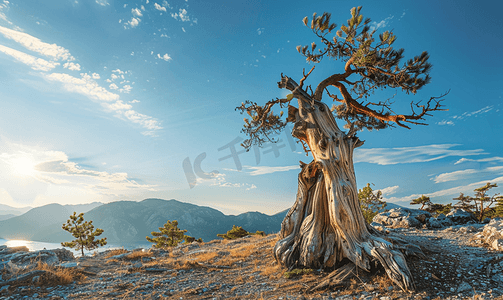松树水印摄影照片_松树树干与早晨风景