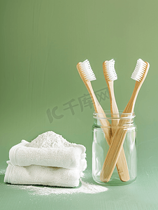 竹背景竹摄影照片_绿色背景中玻璃小苏打和毛巾中的木竹牙刷