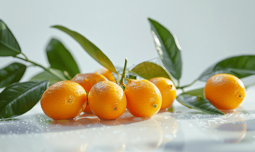一组新鲜的金橘躺在白色的表面上