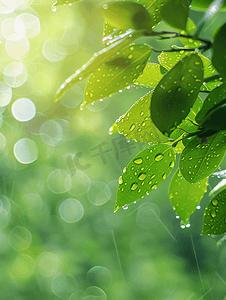 雨水滴摄影照片_雨天背景与绿叶上的水滴