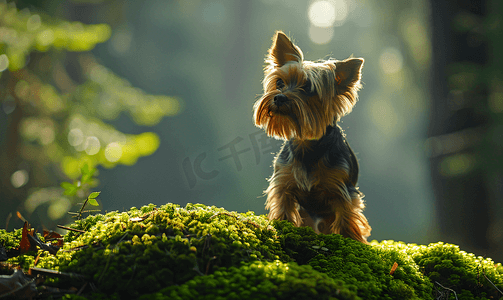 约克夏犬摄影照片_可爱的约克夏犬站在森林苔藓上的肖像