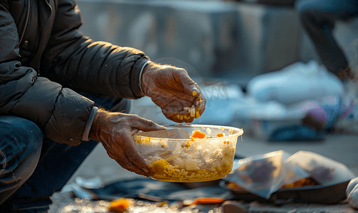 卡通小猴吃饭摄影照片_无家可归者在街上用塑料碗吃饭