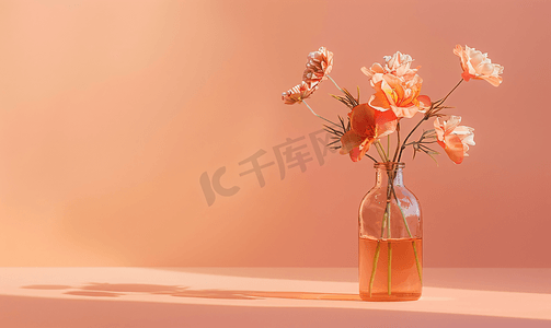 桃色背景中瓶中的人造花