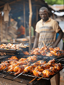 小吃摊摄影照片_加纳街头烧烤摊的烤鸡