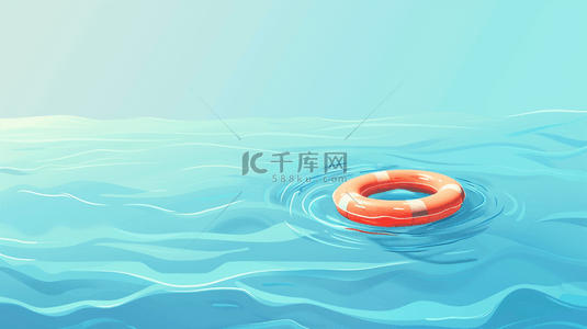 卡通蓝色海水背景图片_夏日清新可爱海水里的游泳圈设计