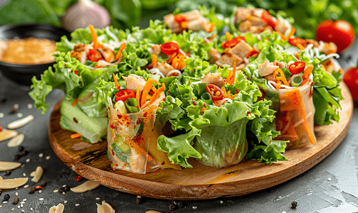 越南菜摄影照片_蔬菜春卷新鲜卷沙拉由混合蔬菜和烤鸡制成