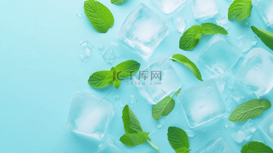 清新夏日凉爽透明冰块和薄荷叶背景图片