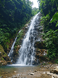 壶口瀑布手绘摄影照片_雨林中的石灰岩瀑布