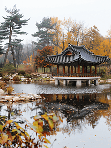 天空湖摄影照片_公园里有小湖的韩国宝塔