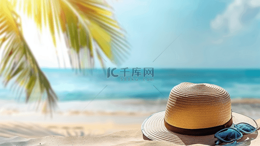 夏日海滩风景沙滩上的遮阳帽素材
