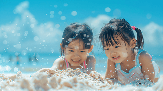 儿童节城堡摄影照片_海边玩沙子捡贝壳的儿童11