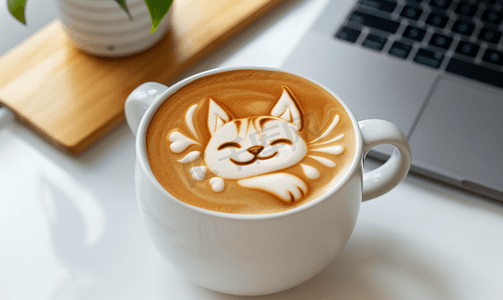一杯拿铁艺术咖啡形状可爱背景是笔记本电脑