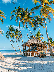 科科斯海滩酒吧位于阳光明媚的海滩上有白色的沙滩和棕榈树