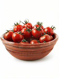 西红柿番茄摄影照片_白色背景中突显了一个粘土碗里面有在阳光下晒干的西红柿