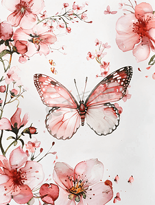 邀请函水彩摄影照片_水彩蝴蝶与花粉红色图案框架