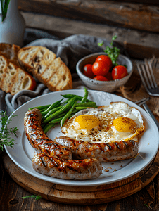 香肠鸡蛋摄影照片_早餐包括鸡蛋烤香肠青豆和木质背景的烤面包