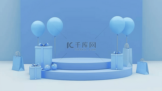 父亲节背景背景图片_蓝色父亲节促销蓝色气球产品展示台背景素材